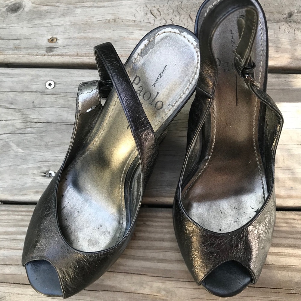 LINEA PAOLO Bennie Wedge | platform peep-toe slingback wedge in Metallic Black